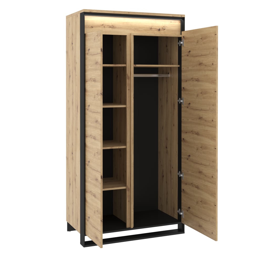 Kleiderschrank mit Beleuchtung aus Holz, 95x50x195cm, Eiche