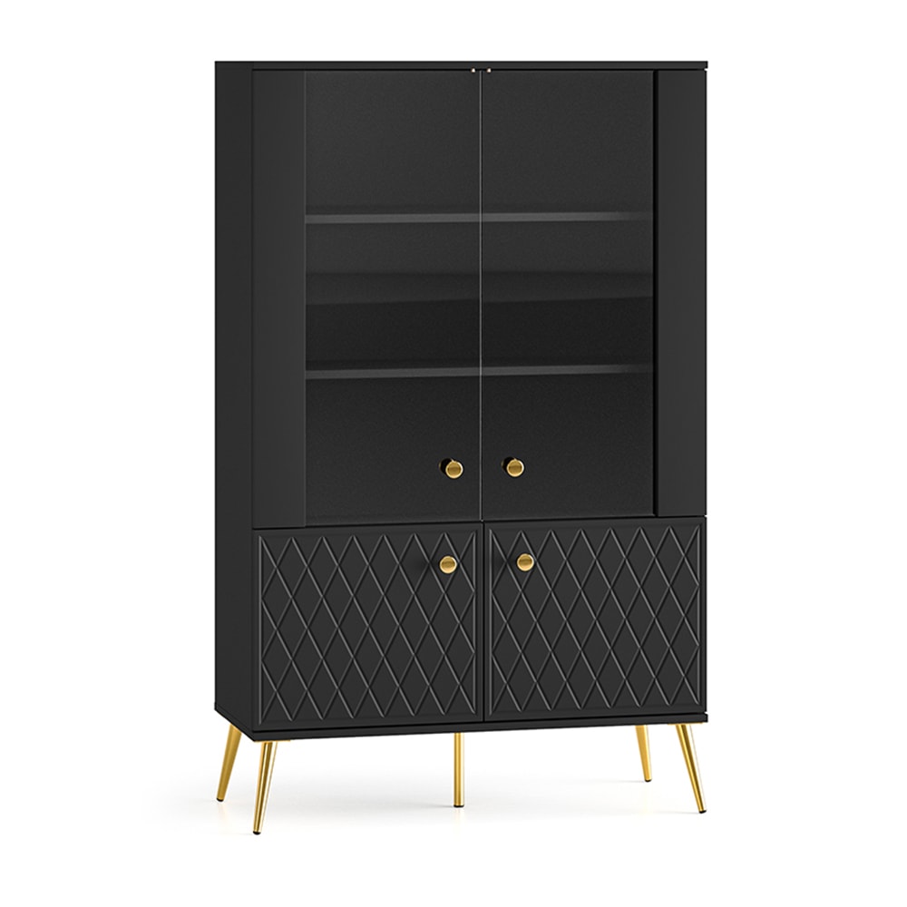 Feldmann-Wohnen Vitrine mit 3D-Karo-Muster aus MDF, 92x40x149cm, Schwarz Matt / Gold style modern Schwarz Spanplatte