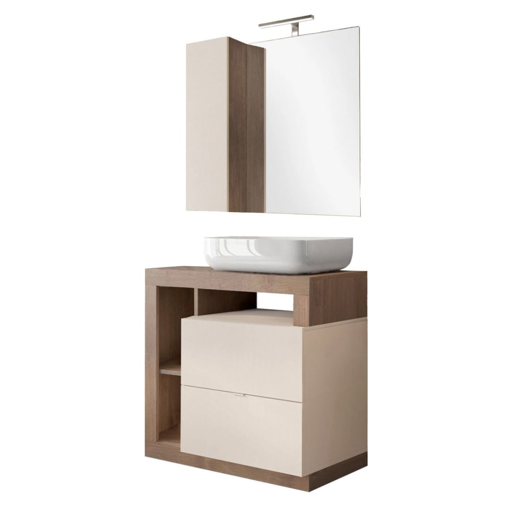 Meuble  vasque 78cm + miroir beige et aspect bois finition mercure