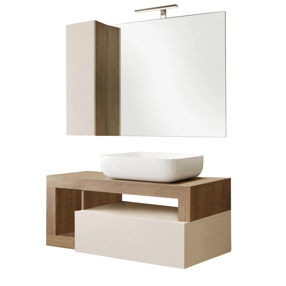 Meuble  vasque 110cm suspendu + miroir beige et aspect bois finition m