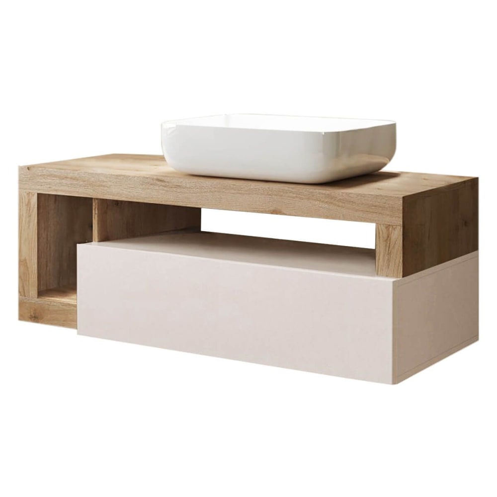 Meuble vasque 110cm suspendu 1 tiroir beige laqué et aspect bois cadiz Meuble vasque 110cm suspendu 1 tiroir beige laqué et aspect bois cadiz