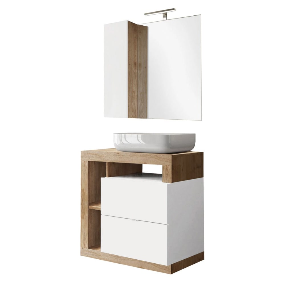 Meuble  vasque 78cm + miroir blanc et aspect bois finition cadiz