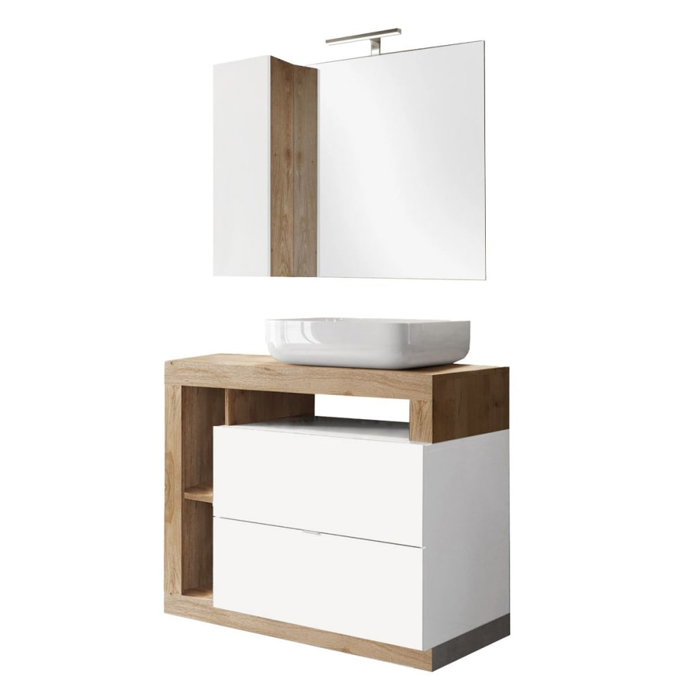 Meuble  vasque 92cm + miroir blanc et aspect bois finition cadiz