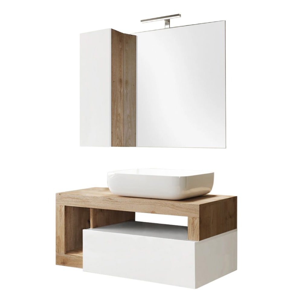 Meuble  vasque 92cm suspendu + miroir blanc et aspect bois finition ca