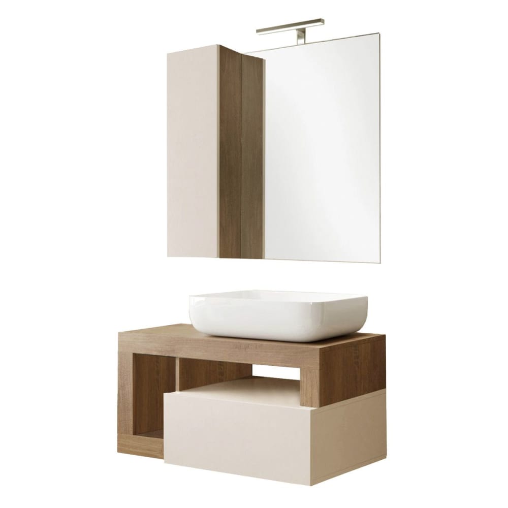Meuble  vasque 78cm suspendu + miroir beige et aspect bois finition me