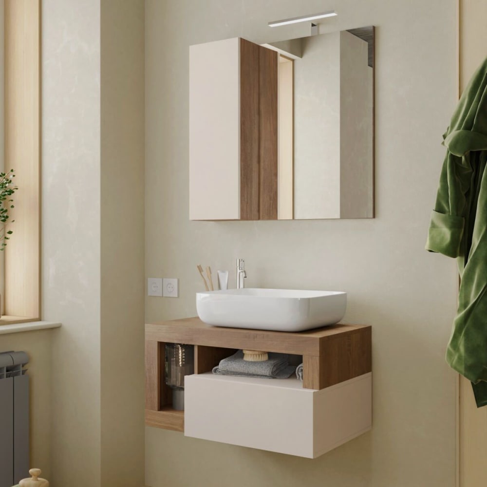 Meuble  vasque 78cm suspendu + miroir beige et aspect bois finition me