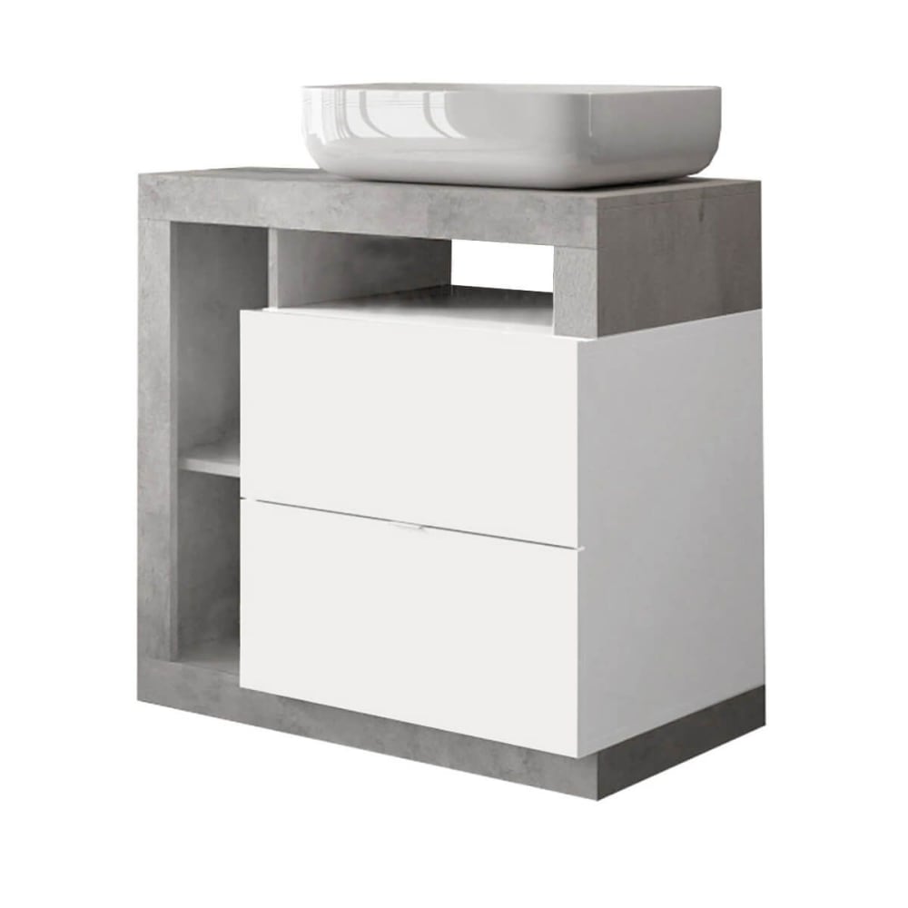 Meuble vasque 78cm 2 tiroirs blanc laqué aspect béton Meuble vasque 78cm 2 tiroirs blanc laqué aspect béton