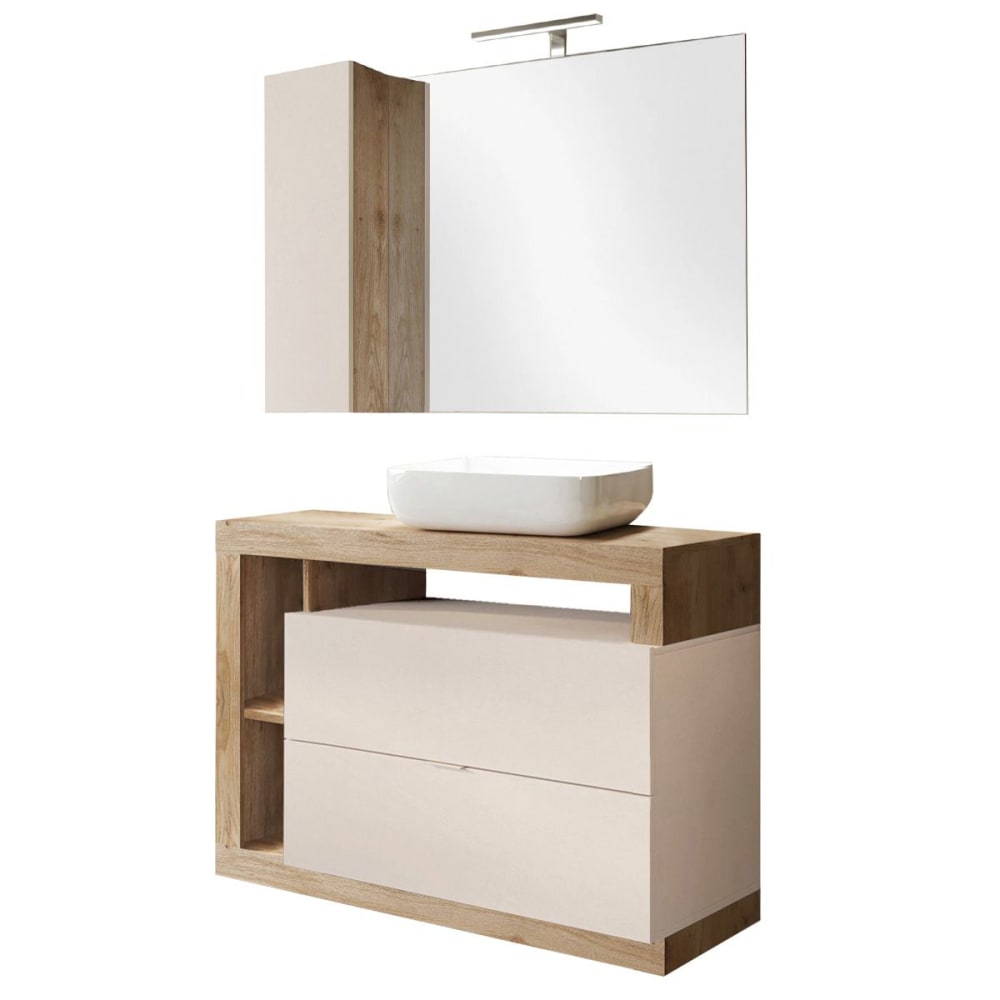Meuble  vasque 110cm + miroir beige et aspect bois finition cadiz