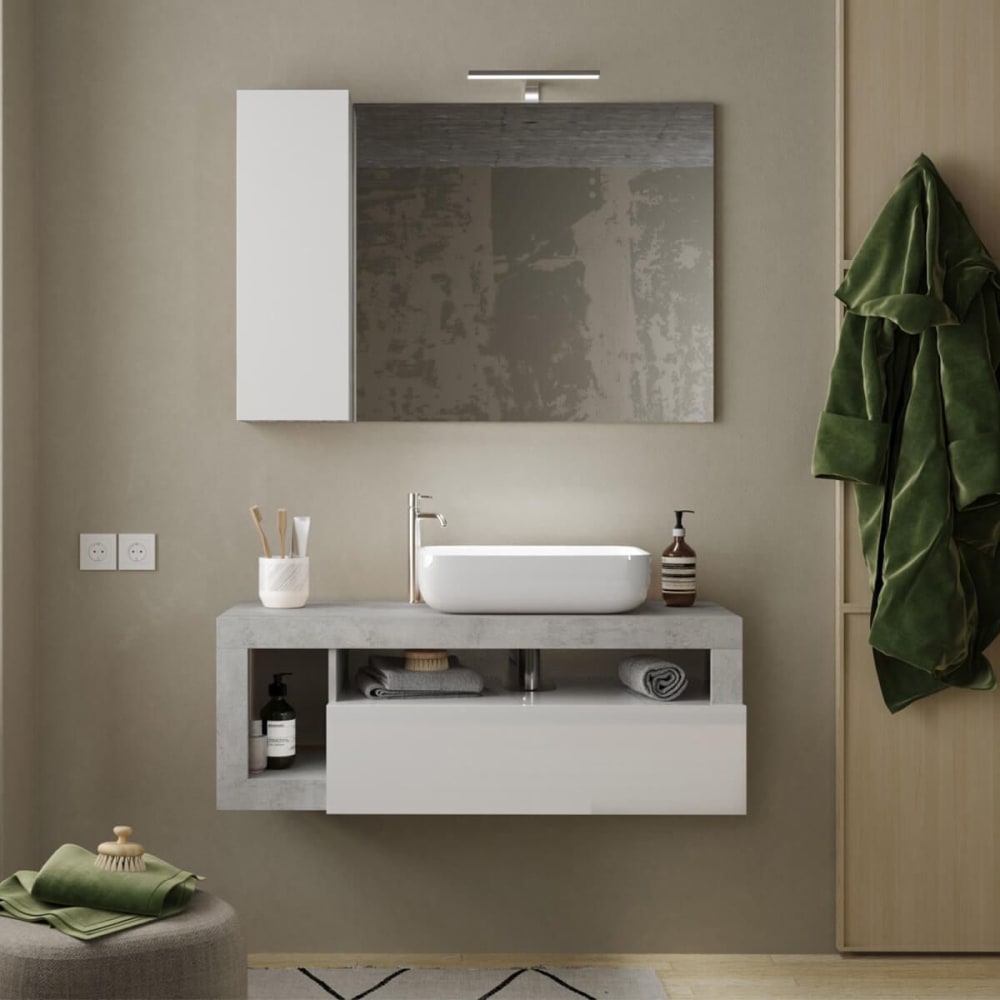 Meuble  vasque 110cm suspendu 1 tiroirs blanc laqué et aspect aspect b