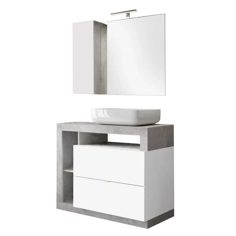 Meuble  vasque 92cm + miroir blanc et aspect béton