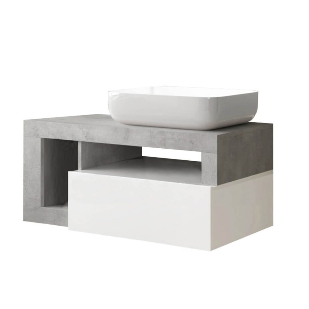 Meuble  vasque 92cm suspendu 1 tiroirs blanc laqué et aspect béton