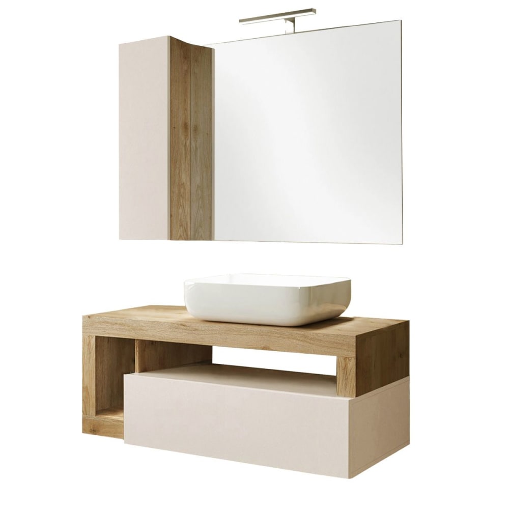 Meuble  vasque 110cm suspendu + miroir beige et aspect bois finition c