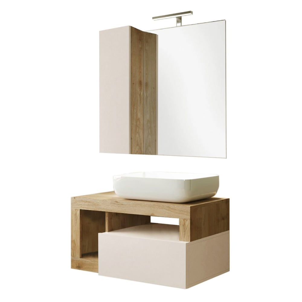 Meuble  vasque 78cm suspendu + miroir beige et aspect bois finition ca