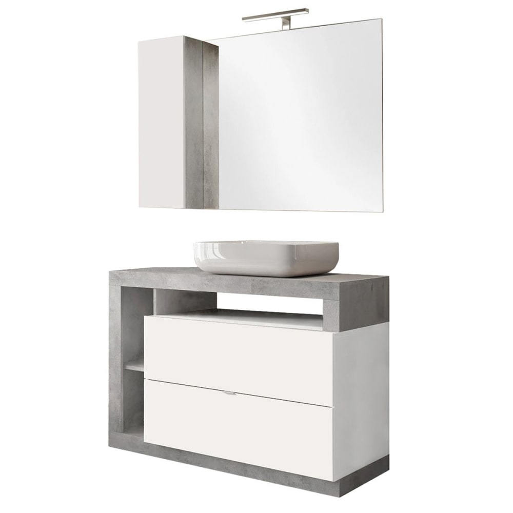 Meuble  vasque 110cm + miroir blanc et aspect béton