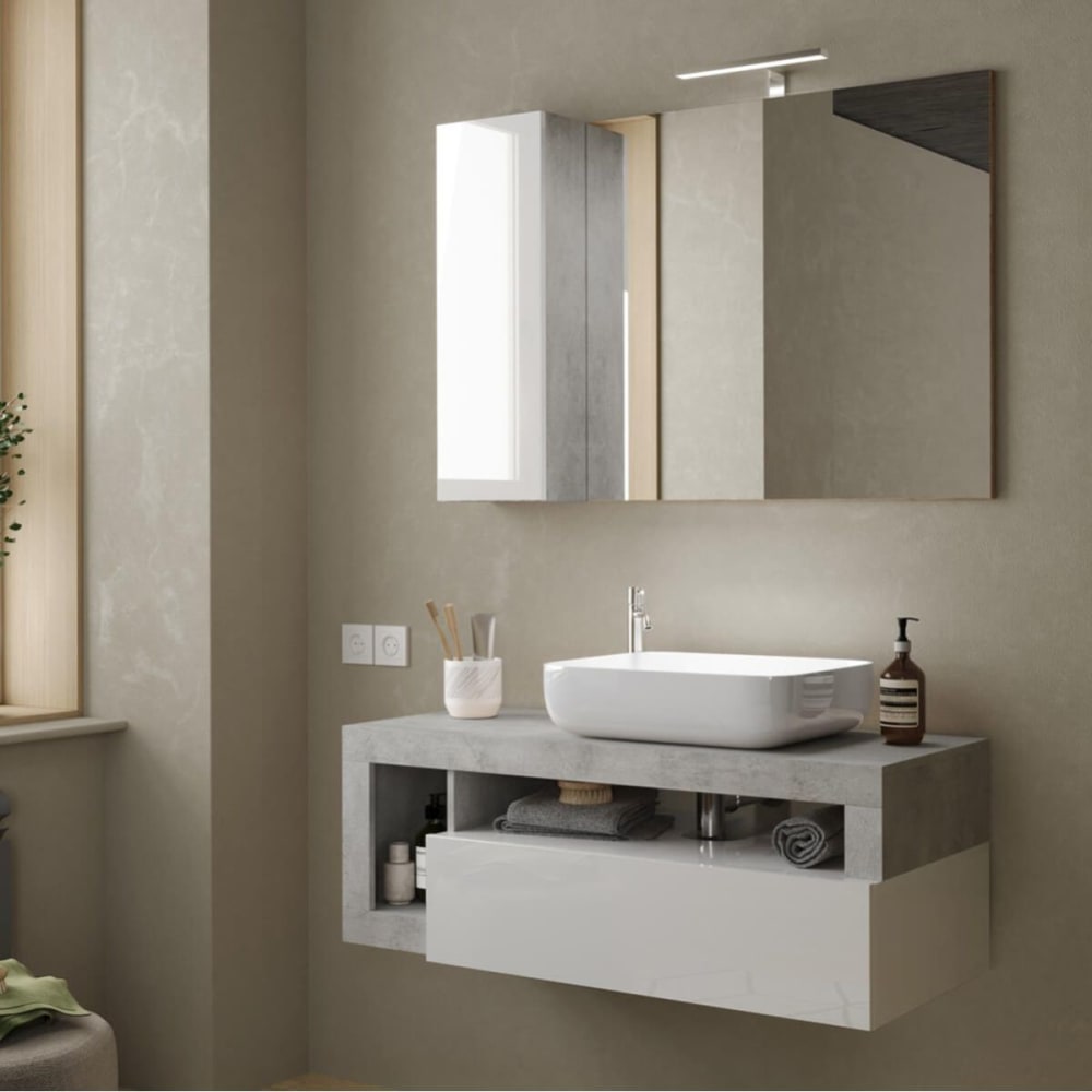 Meuble  vasque 110cm suspendu + miroir blanc et aspect aspect béton