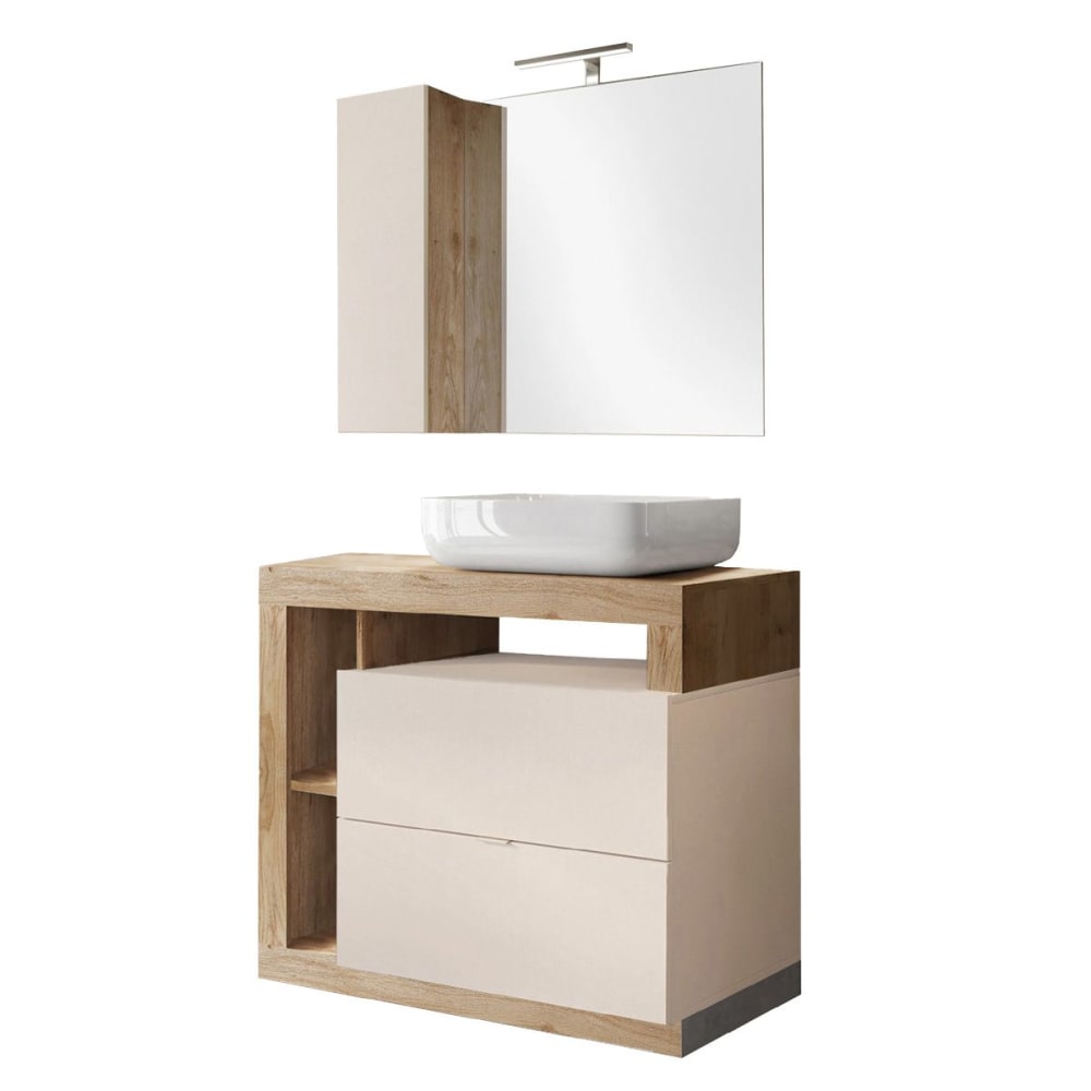 Meuble  vasque 92cm + miroir beige et aspect bois finition cadiz