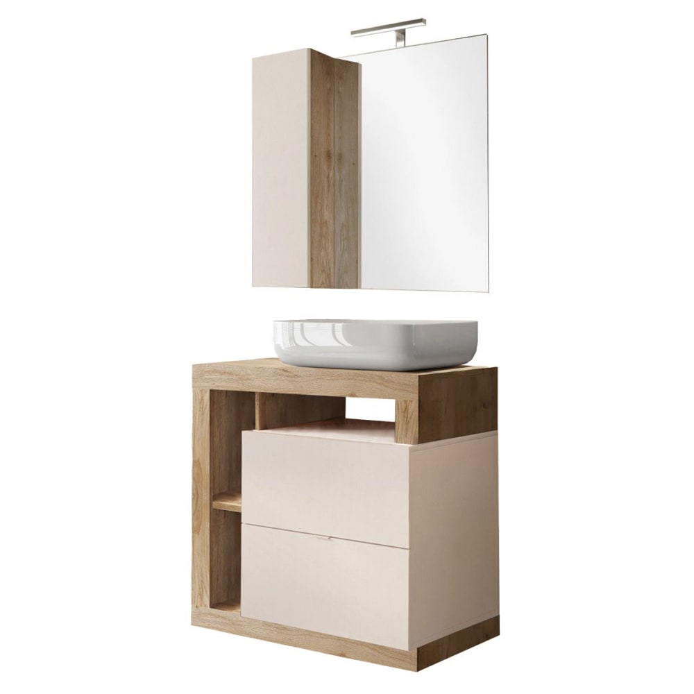 Meuble  vasque 78cm + miroir beige et aspect bois finition cadiz