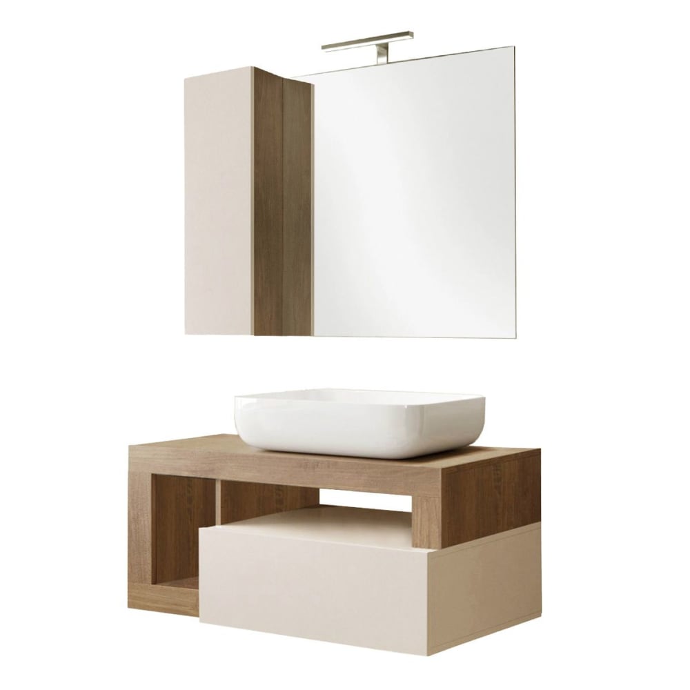 Meuble  vasque 92cm suspendu + miroir beige et aspect bois finition me