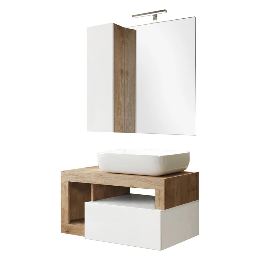 Meuble  vasque 78cm suspendu + miroir blanc et aspect bois finition ca
