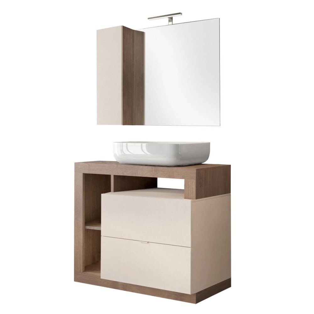 Meuble  vasque 92cm + miroir beige et aspect bois finition mercure