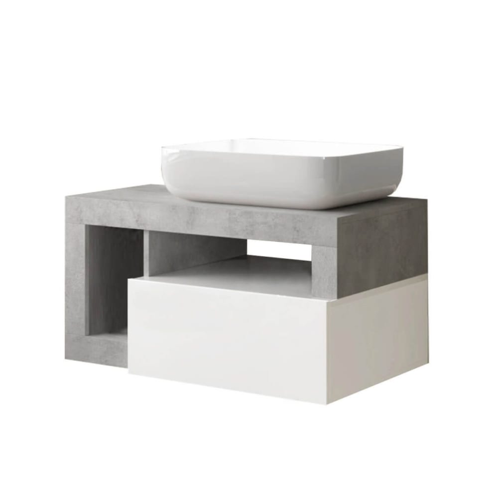 Meuble  vasque 78cm suspendu 1 tiroirs blanc laqué et aspect béton