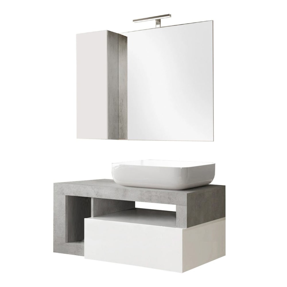 Meuble  vasque 92cm suspendu + miroir blanc et aspect béton