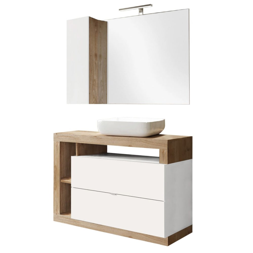 Meuble  vasque 110cm + miroir blanc et aspect bois finition cadiz