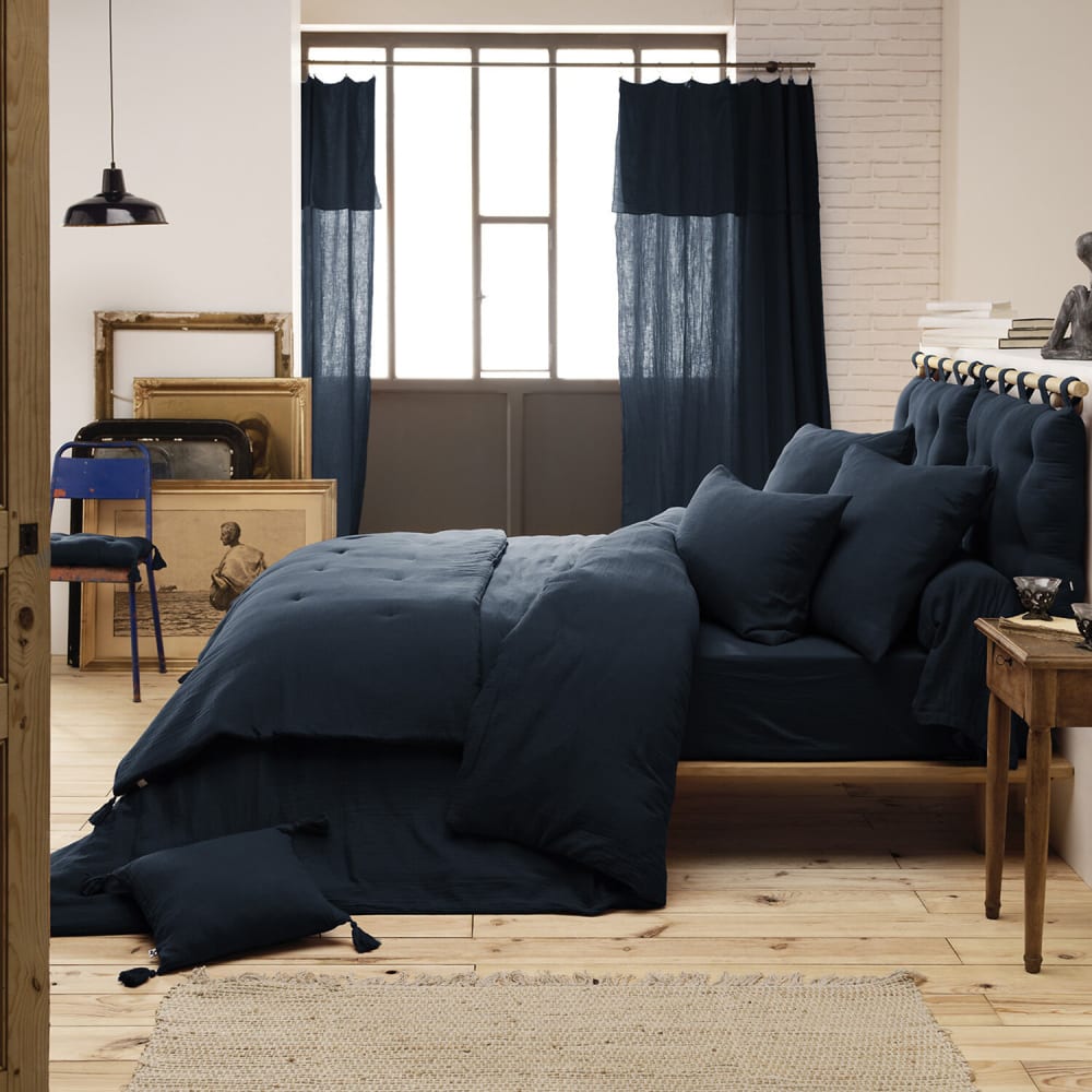Drap housse en gaze de coton bleu 90x190 cm — vue 3