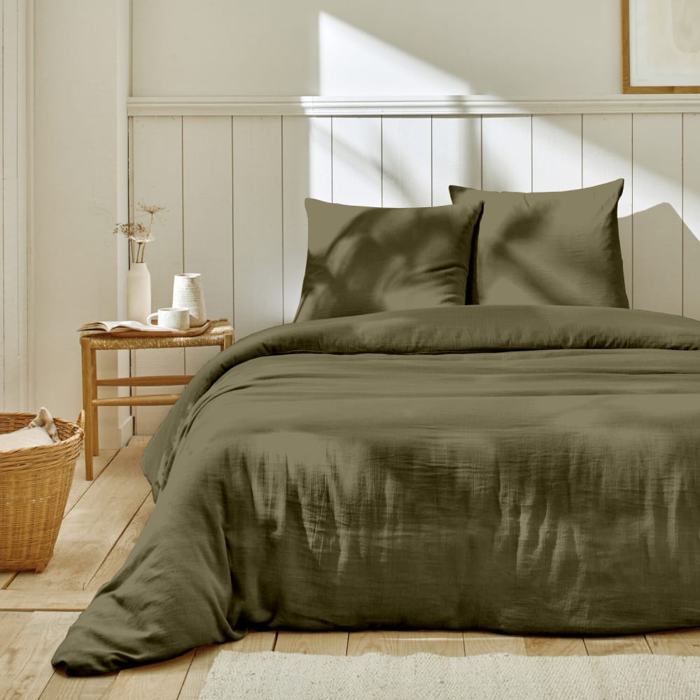 Parure housse de couette en gaze de coton kaki 260x240 cm