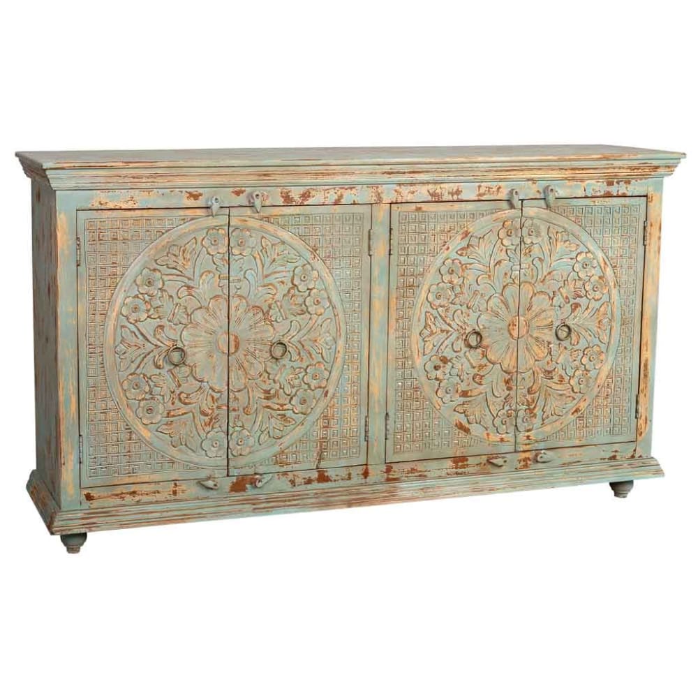 Buffet 4 portes en bois avec finition verte vieillie, 180x42x101h cm