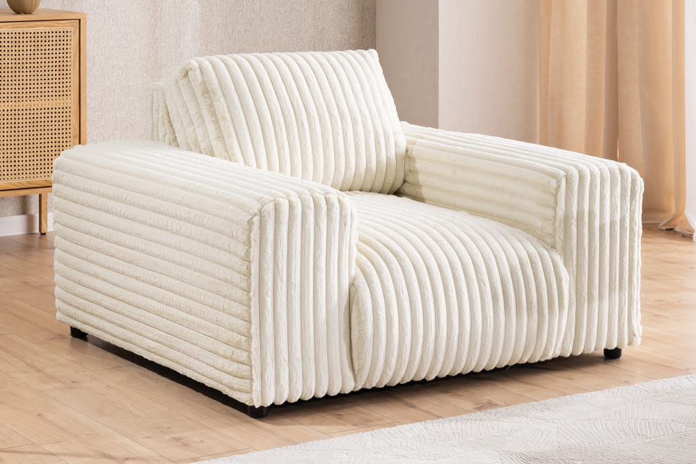 Sessel aus Hellbeige Plüschcord und hoher Sitzkomfort - Maisons