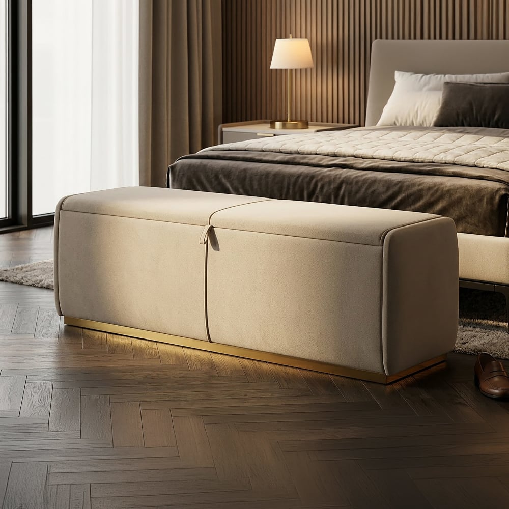 Mauro Ferretti Beige Stoffbank mit Staufach, 130 x 45 x 45 cm Beige Holz