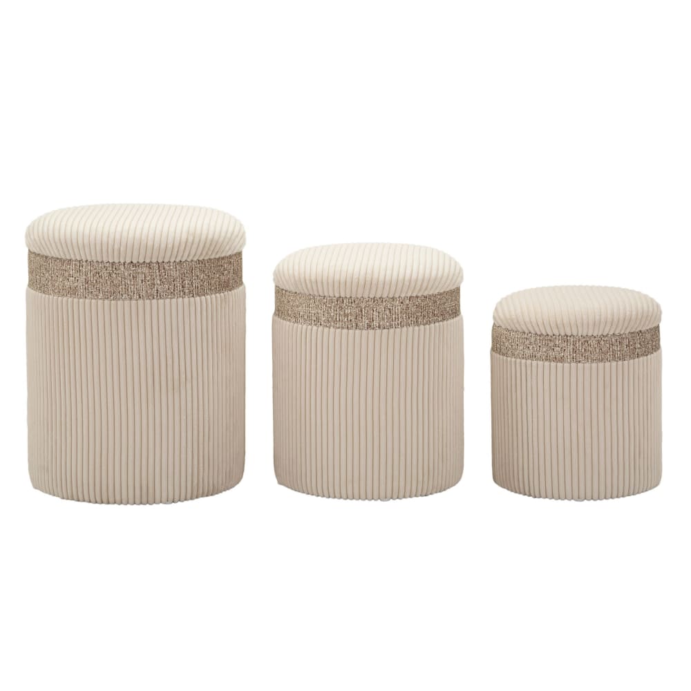 Cremefarbener Pouf Mit BehäLter, 3Er-Set, Cm ø 40,5X49,5-35X42-31X38
