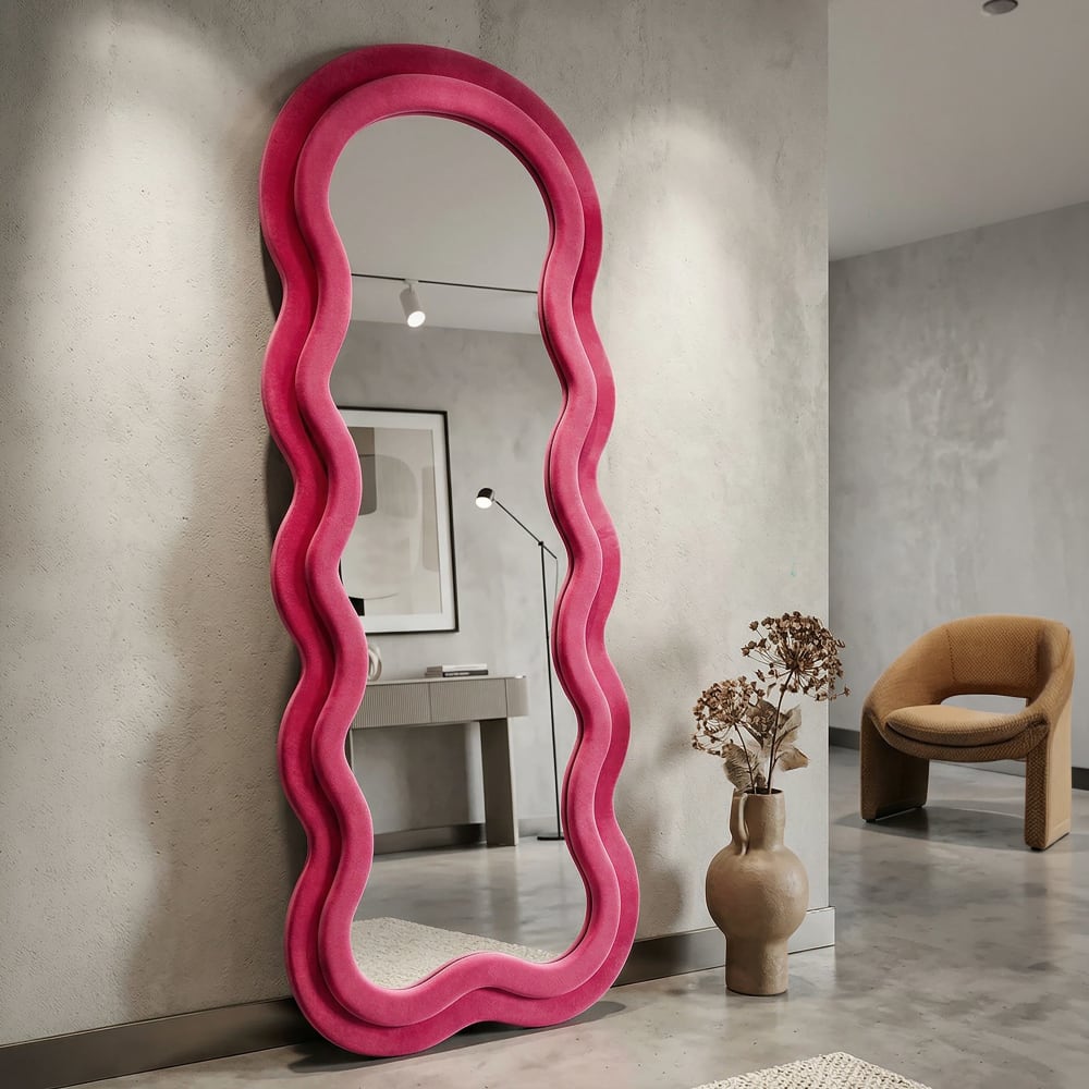 Mauro Ferretti Wandspiegel mit fuchsiafarbenem Samtrahmen, 60 x 4 x 160 cm Rosa Holz