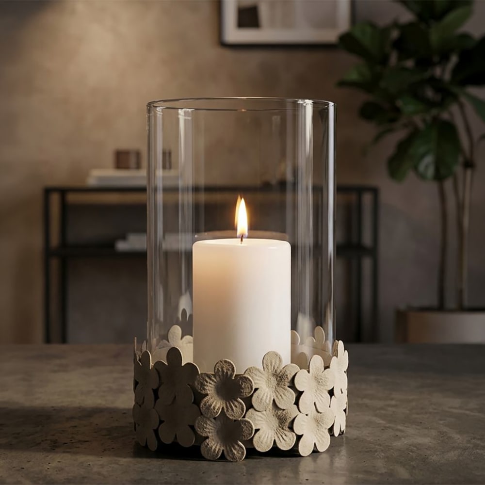 Bougeoir en métal crème avec pot en verre ø 14x21 cm Bougeoir en métal crème avec pot en verre ø 14x21 cm