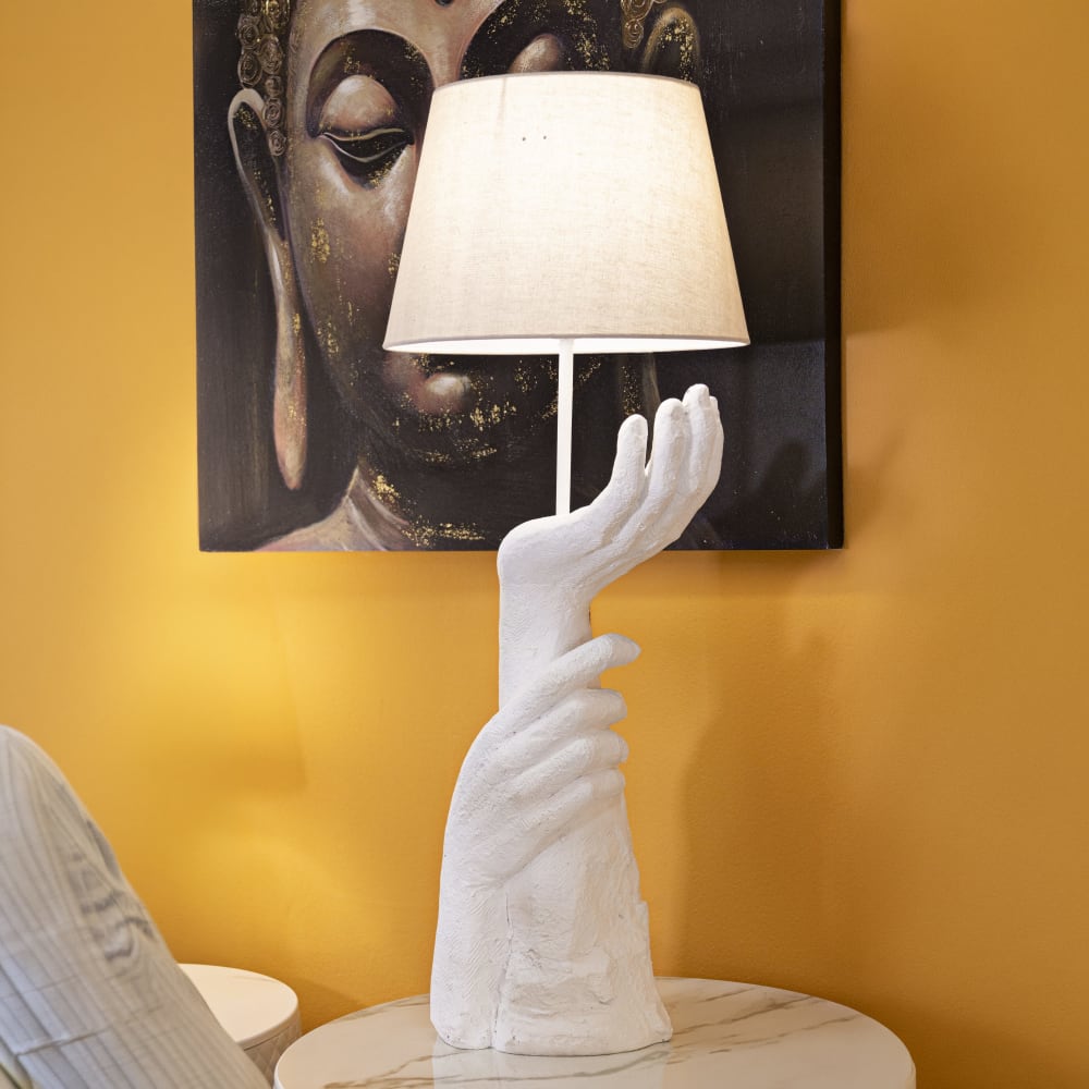 Mauro Ferretti Weiße Harz-Tischlampe mit cremefarbenem Lampenschirm cm ø 35x93 Weiß Harz