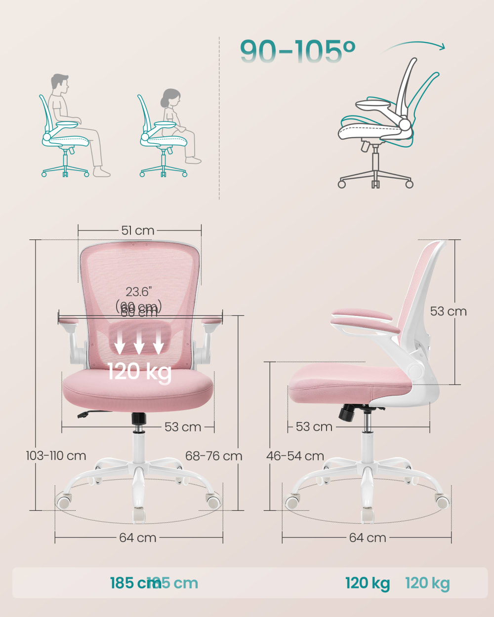 SONGMICS Chaise de bureau ergonomique pivotant avec dossier 53 cm blanc et rose Rose 53x99x64cm