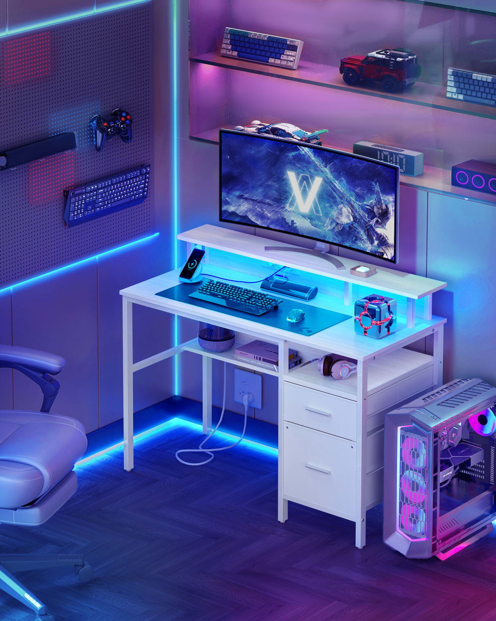 Bureau gaming avec tiroirs en tissu 55 x 120 x 90 cm blanc érable