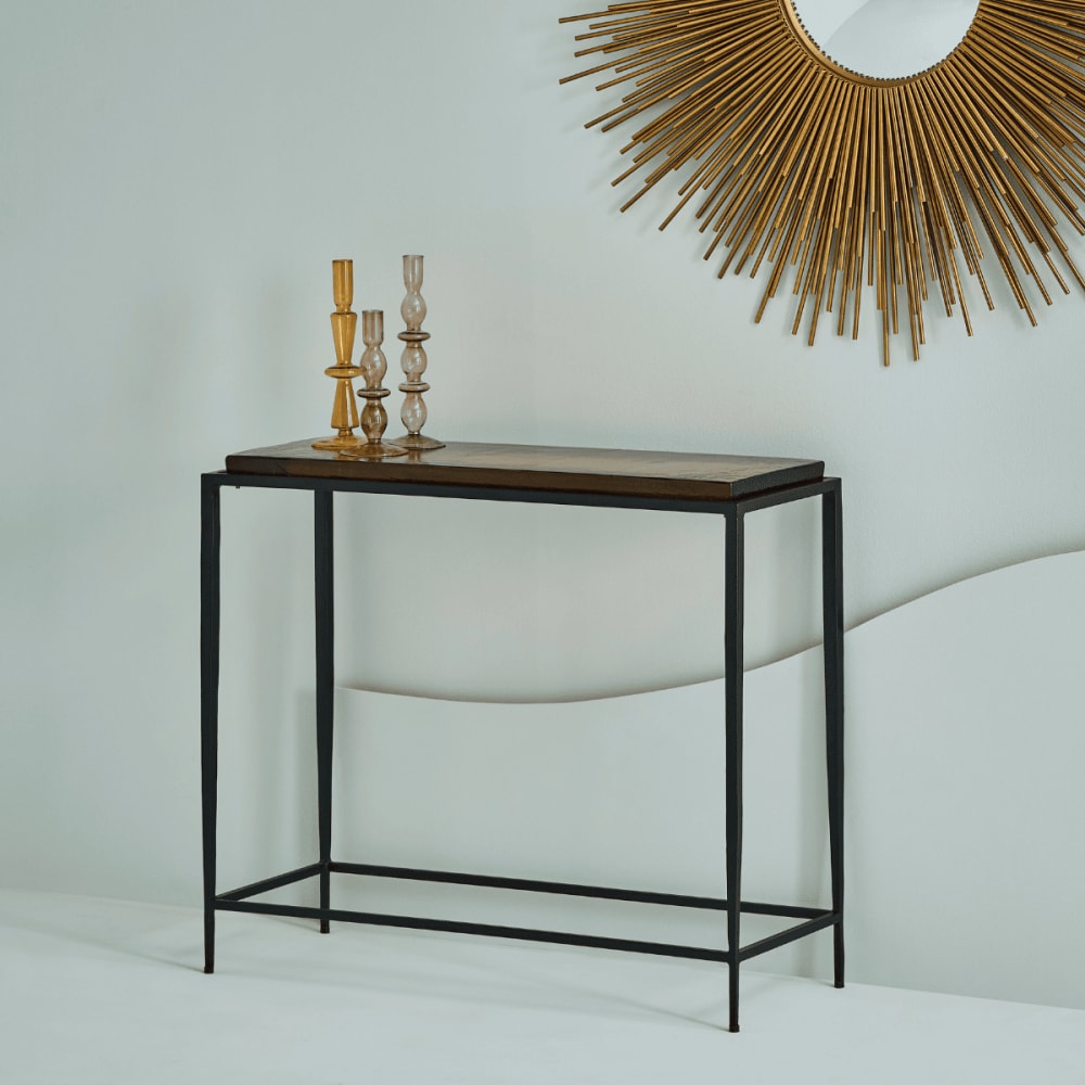 Petite console en verre fumé et métal noir