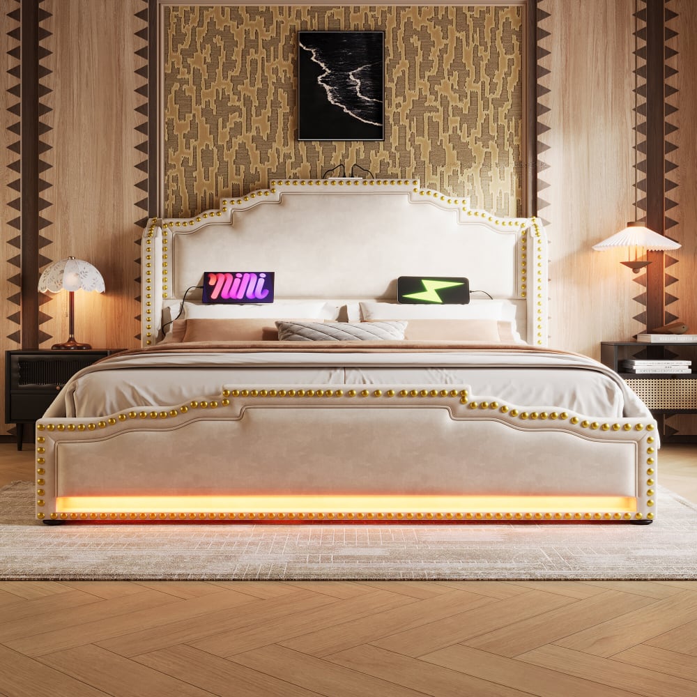 Lit double beige rembourré captionné royal avec éclairage LED