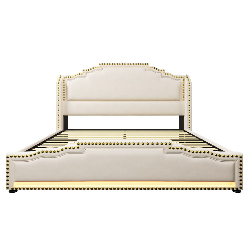 Lit king beige rembourré captionné royal avec éclairage LED