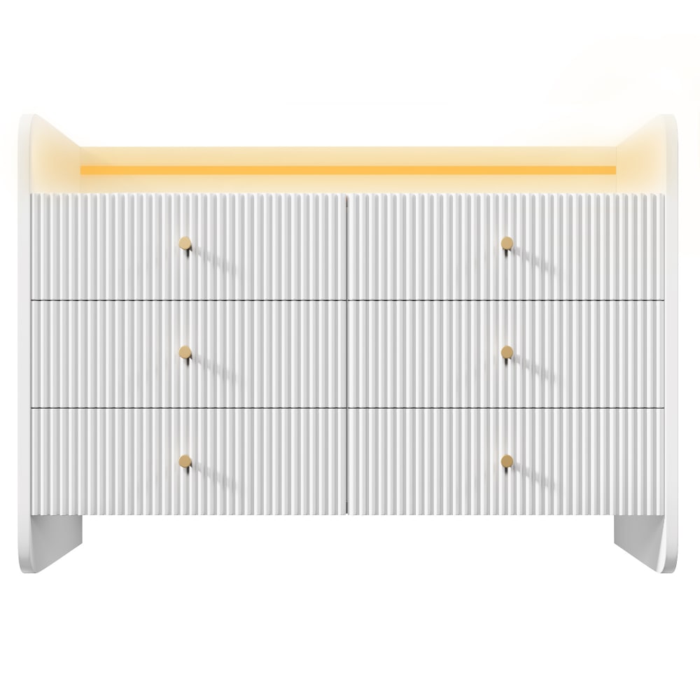 Commode blanc motif cannelé 6 tiroirs avec éclairage LED poignets