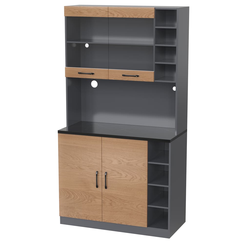 Vitrine haute noir et effet bois, éclairage LED et portes vitrées