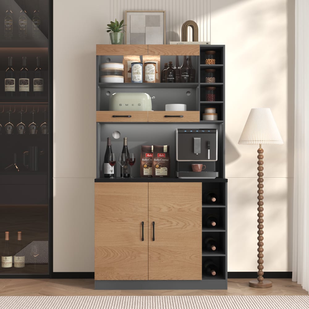 Vitrine haute noir et effet bois, éclairage LED et portes vitrées