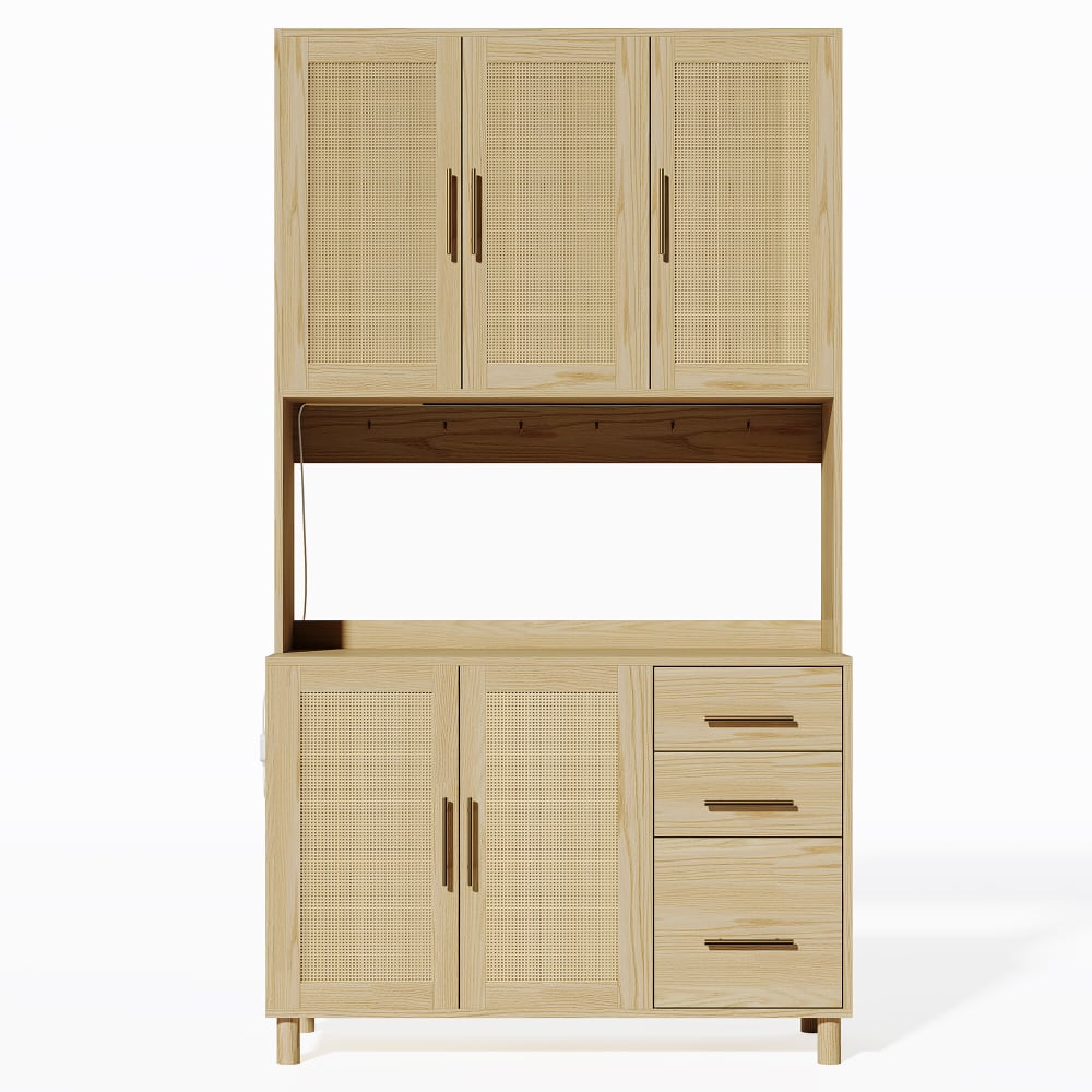 Urban Meuble Hohe Vitrine in Holz- und Rattanoptik, LED-Beleuchtung, Beige style modern Beige Spanplatte