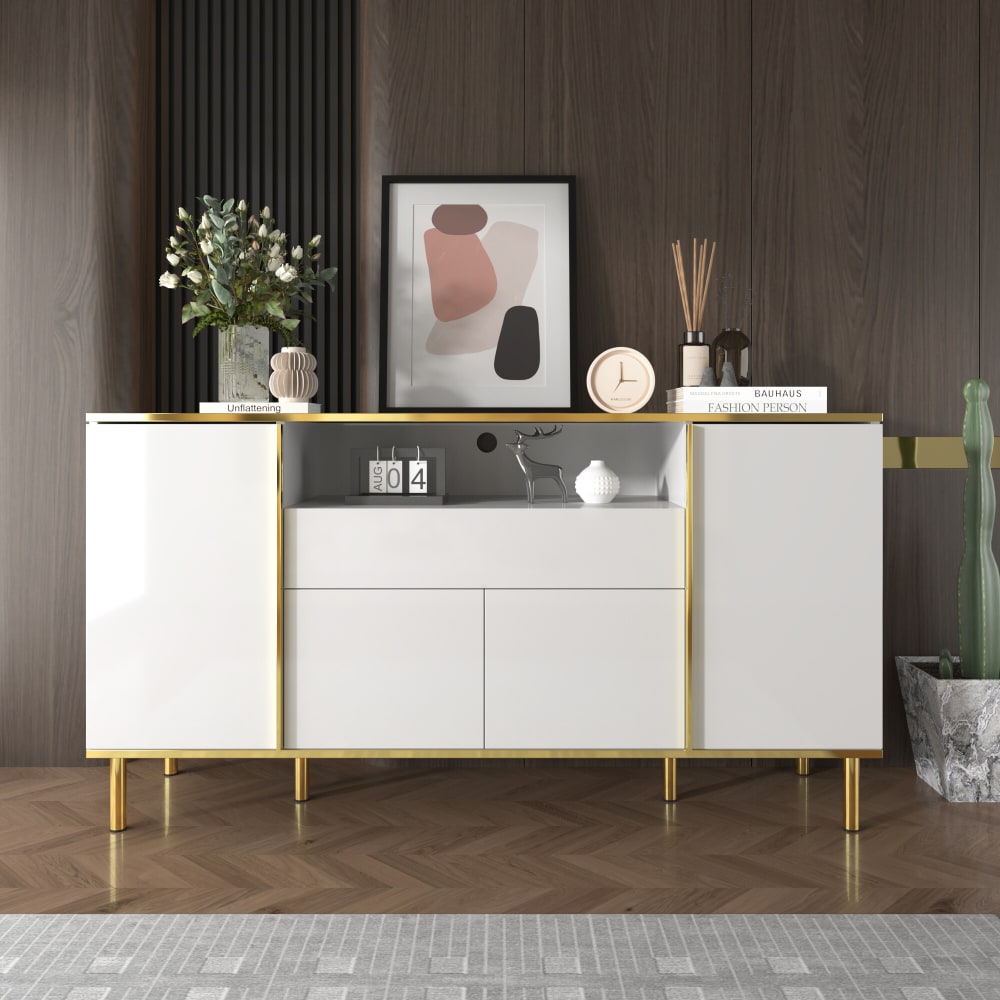 Buffet moderne luxe blanc avec éclairage LED accents dorés brillant