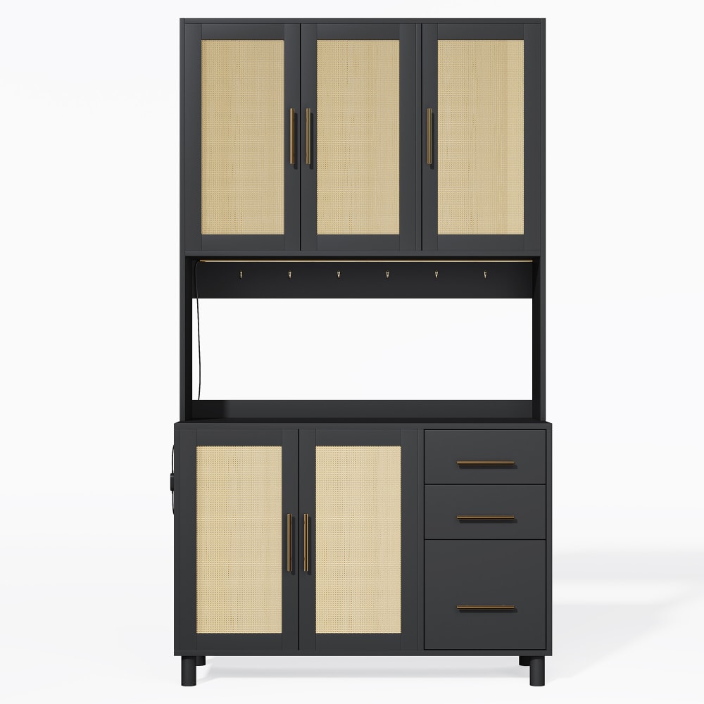 Urban Meuble Hohe Vitrine in Holz- und Rattanoptik, LED-Beleuchtung, Schwarz Schwarz Spanplatte