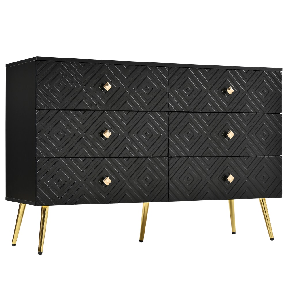 Buffet 6 tiroirs noire avec motifs géométriques et pieds dorés