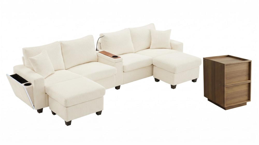 Canapé d'angle en velours côtelé crème et bout de canapé bois