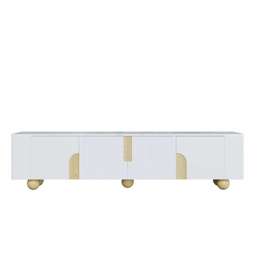 Meuble TV blanc effet marbre blanc et bois avec portes rainurées